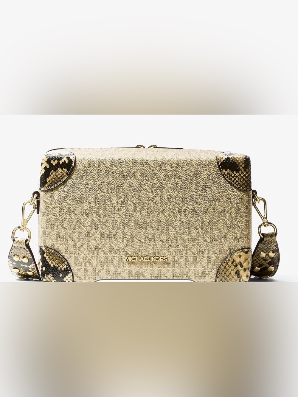 Jeanie Small Metallic Signature Logo and Snake Embossed Trunk Crossbody Bag